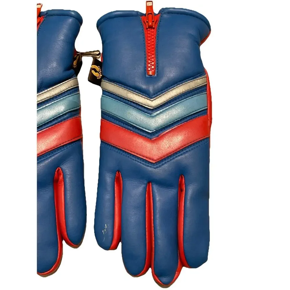 Hang Ten Gloves 70s 80s Ski Foam Insulated Womens Sz S Red Blue Silver Retro